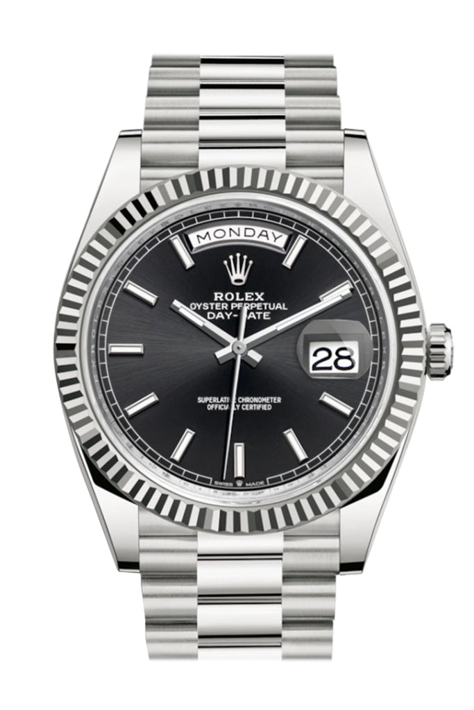 228239 ROLEX 228239 Day-Date 40 Black Dial Fluted 18k White Gold WatchGuyNYC