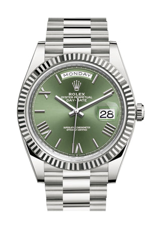 Rolex Day-Date 40 Olive Green Roman Dial Fluted Bezel White Gold President Automatic Men's Watch 228239