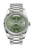 Rolex Day-Date 40 Olive Green Roman Dial Fluted Bezel White Gold President Automatic Men's Watch 228239