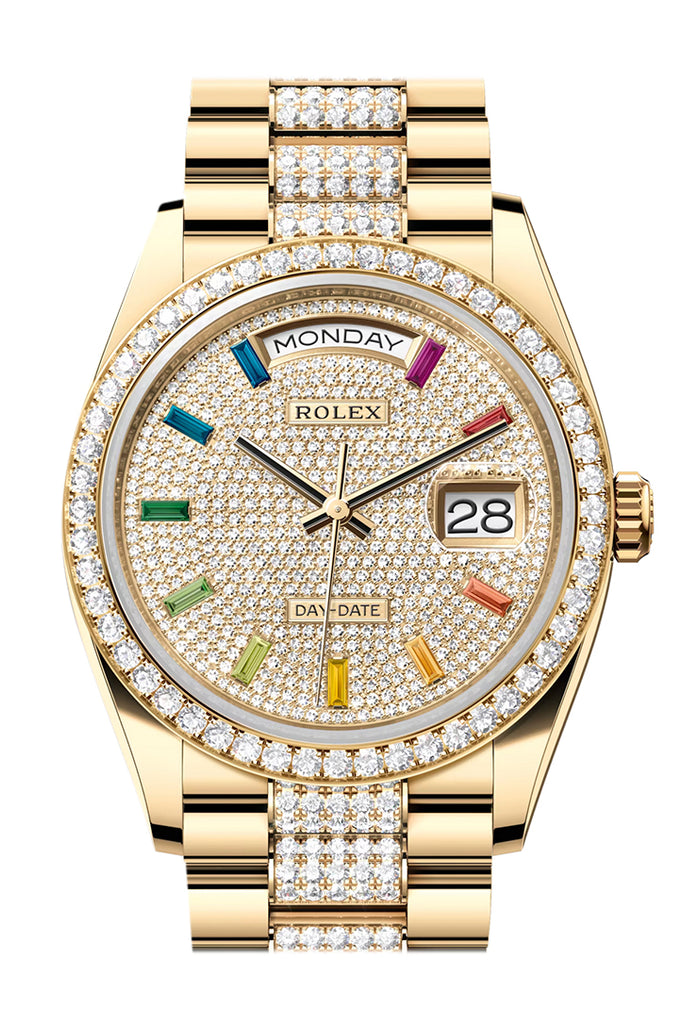 Rolex Day-Date 36 Pave Dial Gold Diamond Bezel Watch 128348RBR-0031 128348RBR