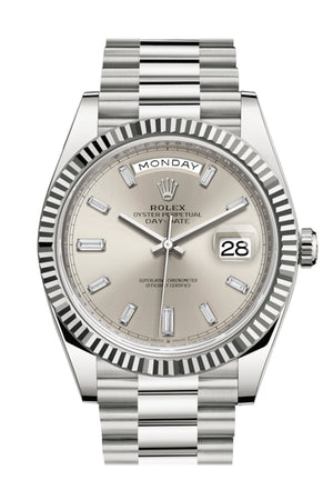 Rolex Day-Date 40 Silver Diamond Dial Fluted Bezel White Gold President Automatic Men's Watch 228239