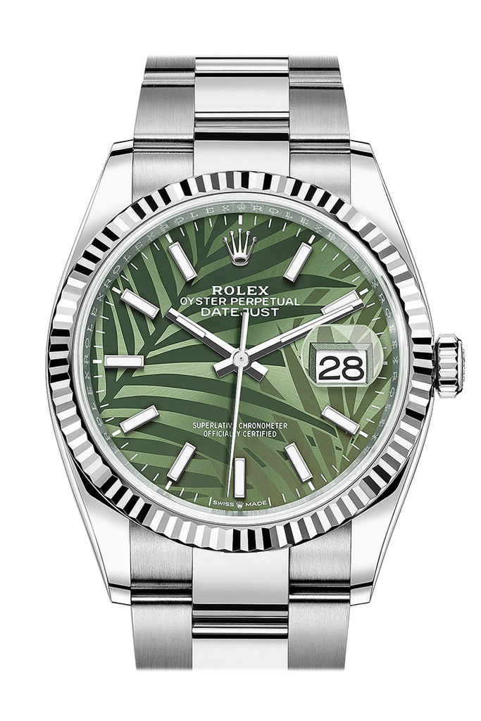 Rolex Datejust 36 Olive Green Palm Motif Dial Fluted Watch 126234