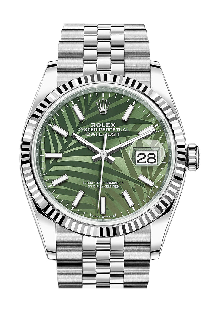 Rolex Datejust 36 Olive Green Palm Motif Dial Fluted Jubilee Watch 126234