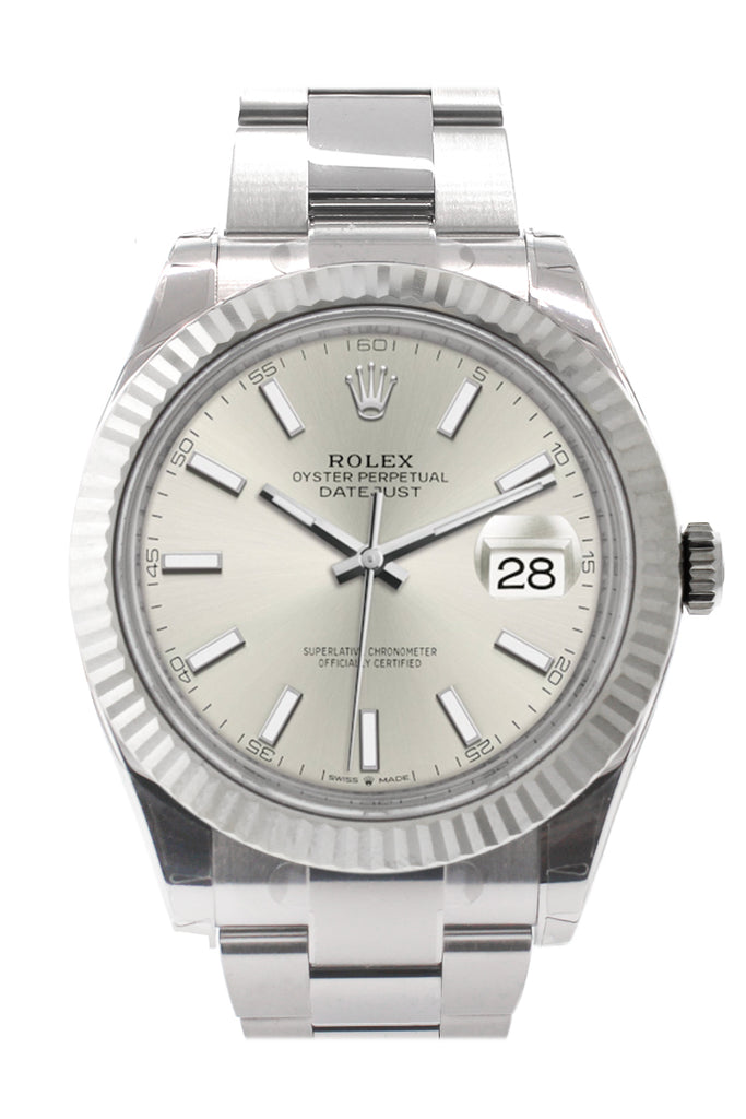 Rolex Datejust 41 Silver Dial Gold Fluted Bezel Mens Watch 126334