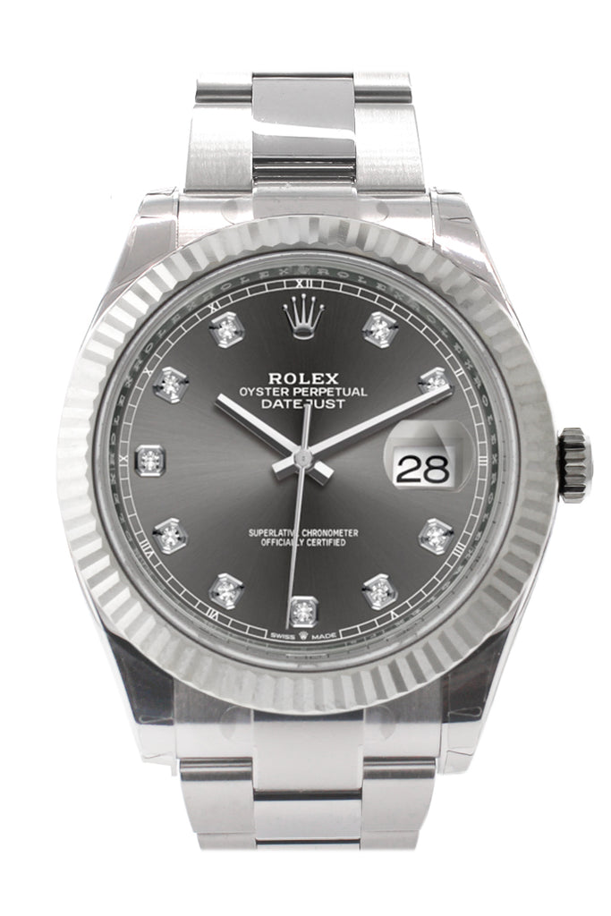 Rolex Datejust 41 Dark Rhodium Set with Diamonds Dial White Gold Fluted Bezel Mens Watch 126334