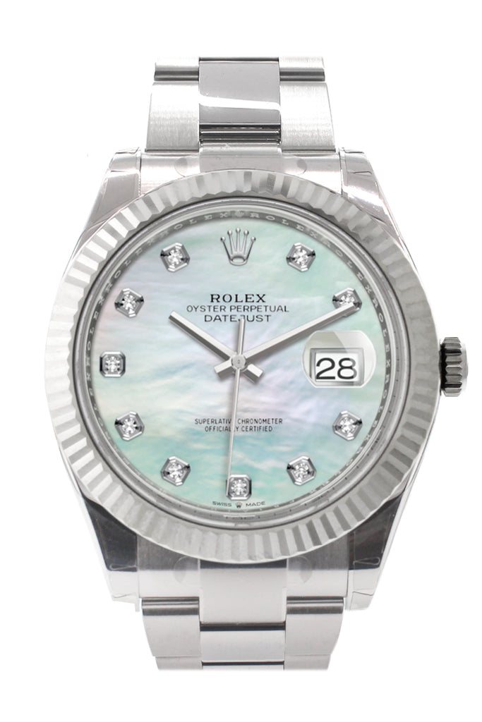 Rolex Datejust 41 White Mother-of-pearl set with Diamonds Dial White Gold Fluted Bezel Mens Watch 126334