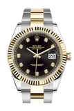 Rolex Datejust 41 Black Diamond Dial Fluted Bezel 18k Yellow Gold Mens Watch 126333