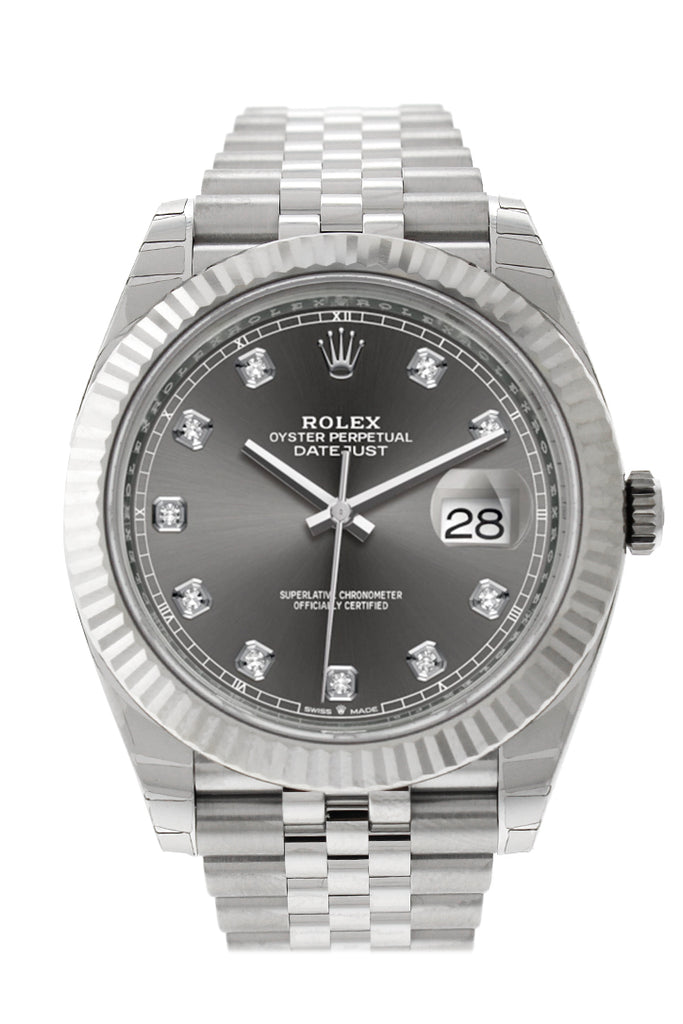 Rolex Datejust 41 Dark Rhodium Set with Diamonds Dial White Gold Fluted Bezel Jubilee Mens Watch 126334