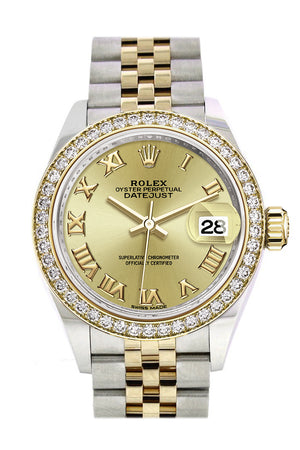 Rolex Datejust 28 Champagne Roman Dial Diamond Bezel Yellow Gold Jubilee Ladies Watch 279383RBR 279383
