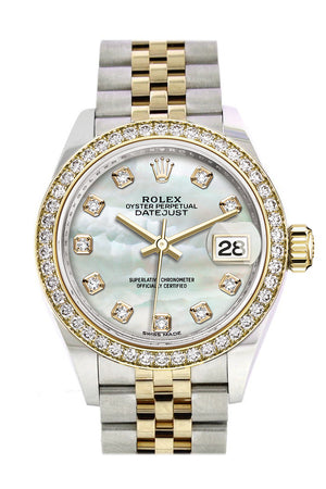 Rolex Datejust 28 White mother-of-pearl set with diamonds Dial Diamond Bezel Yellow Gold Jubilee Ladies Watch 279383RBR 279383