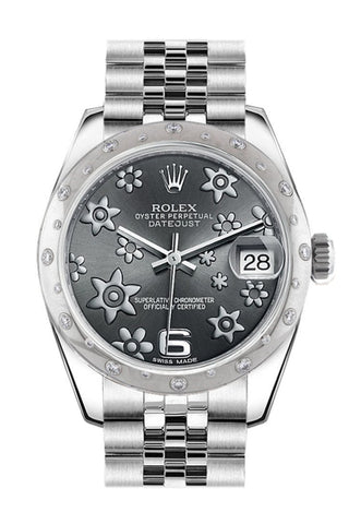 Rolex Datejust 31 Dark Rhodium Raised Floral Motif Dial Gold Dome Set With Diamonds Bezel Jubilee