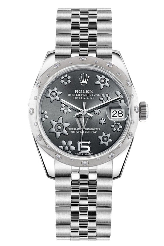 Rolex Datejust 31 Dark Rhodium Raised Floral Motif Dial Gold Dome Set With Diamonds Bezel Jubilee