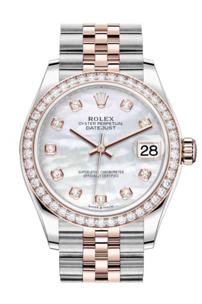 Rolex Datejust 31 White Mother-Of-Pearl Diamonds Dial Diamond Bezel Rose Gold Two Tone Jubilee Watch