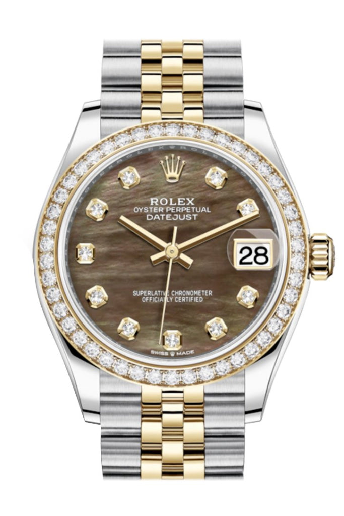 Rolex Datejust 31 Black Mother-Of-Pearl Diamonds Dial Diamond Bezel Yellow Gold Two Tone Jubilee