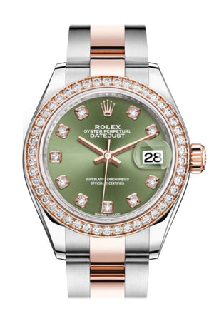 Rolex Datejust 28 Olive Green Diamonds Dial Diamond Bezel Rose Gold Two Tone Watch 279381Rbr 279381