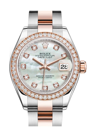 Rolex Datejust 28 White Mother-Of-Pearl Diamonds Dial Diamond Bezel Rose Gold Two Tone Watch