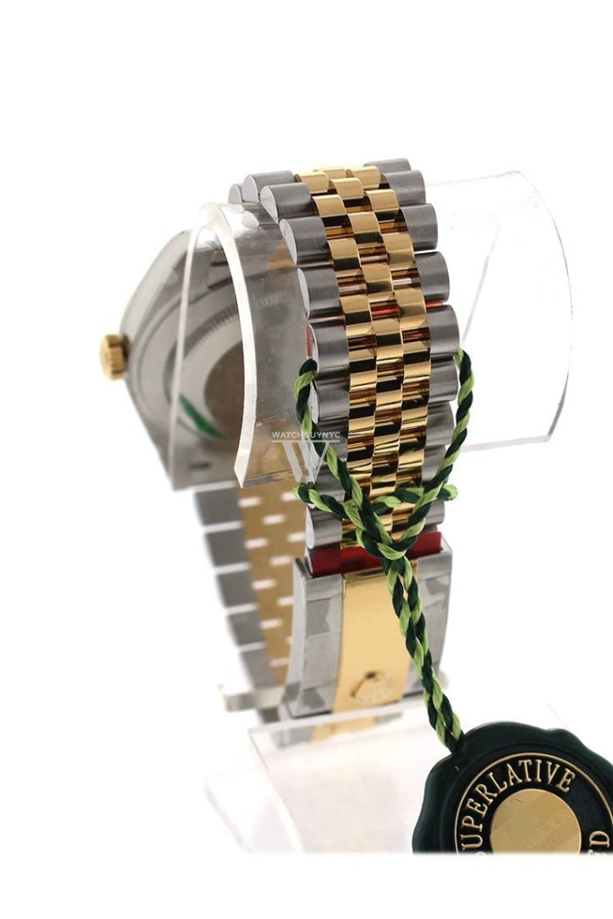 Custom Diamond Bezel Rolex Datejust 31 Champagne Floral Motif Roamn Dial Two Tone 18K Gold Jubilee