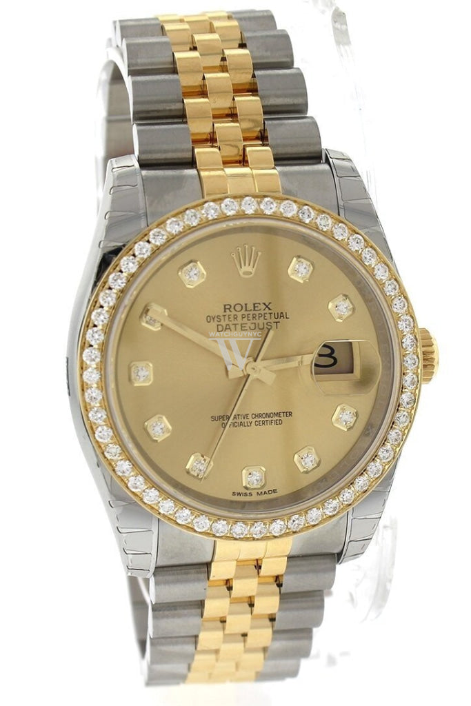 Custom Diamond Bezel Rolex Datejust 36 Champagne Set With Dial Two Tone Jubilee Mens Watch 116233
