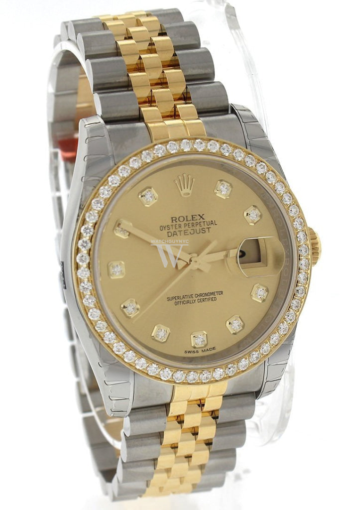 Custom Diamond Bezel Rolex Datejust 36 Champagne Set With Dial Two Tone Jubilee Mens Watch 116233