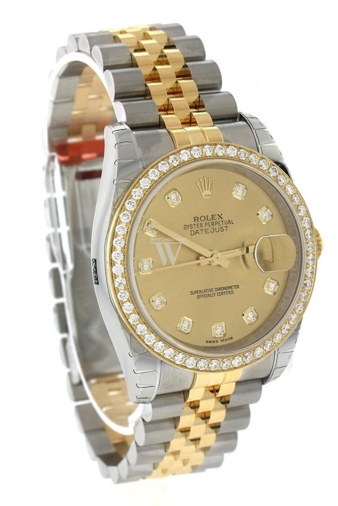 Custom Diamond Bezel Rolex Datejust 36 Champagne Set With Dial Two Tone Jubilee Mens Watch 116233