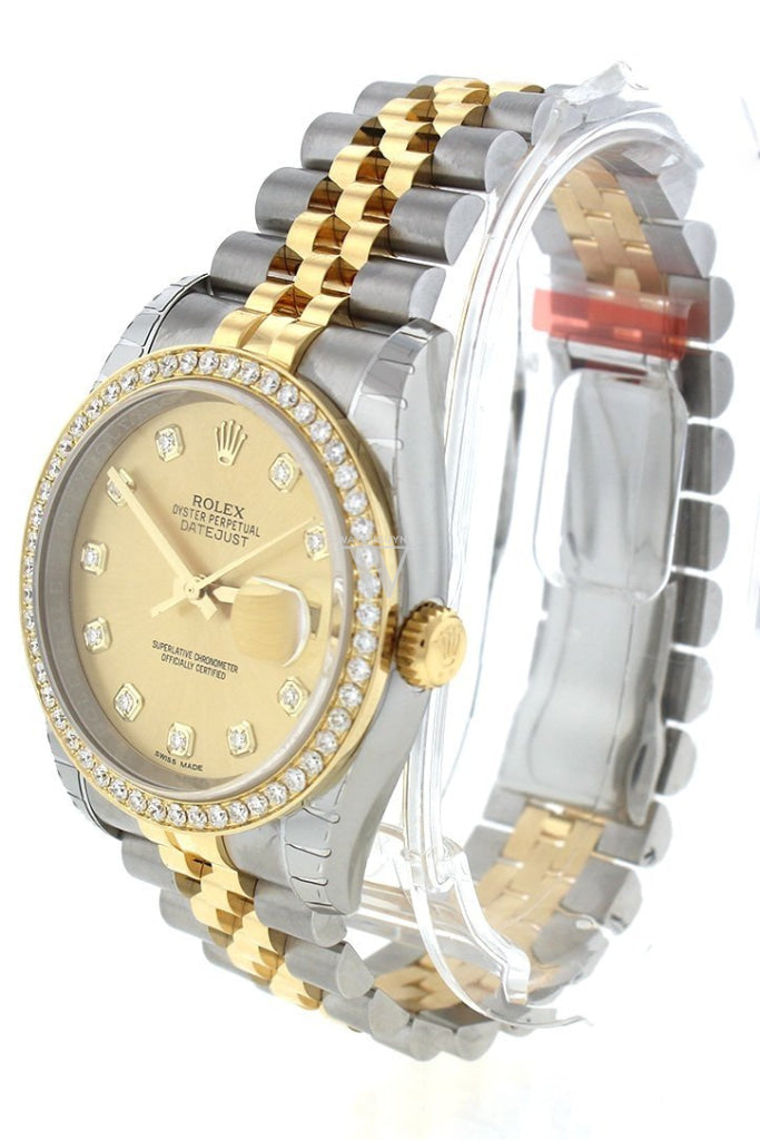 Custom Diamond Bezel Rolex Datejust 36 Champagne Set With Dial Two Tone Jubilee Mens Watch 116233