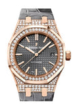 Audemars Piguet Royal Oak 37Mm Slate Grey Dial Diamond 18Kt Rose Gold Grey Alligator Strap Mens