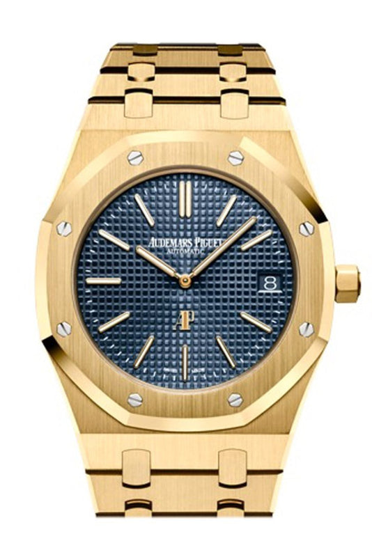 Audemars Piguet Royal Oak Blue dial with Petite Tapisserie pattern 18K Yellow Gold Extra Thin Watch 15202BA.OO.1240BA.01 WatchGuyNYC