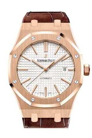 Audemars Piguet Royal Oak 41Mm Silver-Toned Dial Pink Gold Brown Alligator Strap Watche