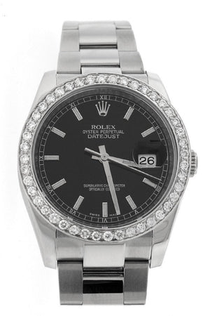 Rolex Custom Diamond Bezel Datejust 36 Black Dial Ladies And Mens Watch 116200 / None Watches