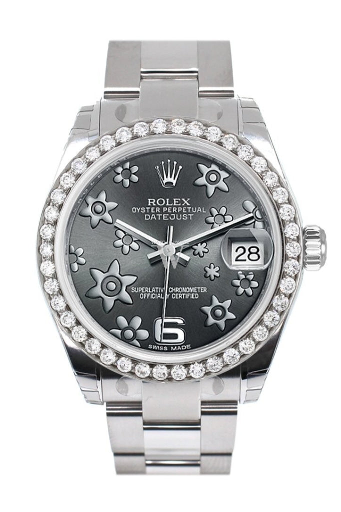 Rolex Custom Diamond Bezel Datejust 31 Dark Rhodium Raised Floral Motif Dial Oyster Ladies Watch