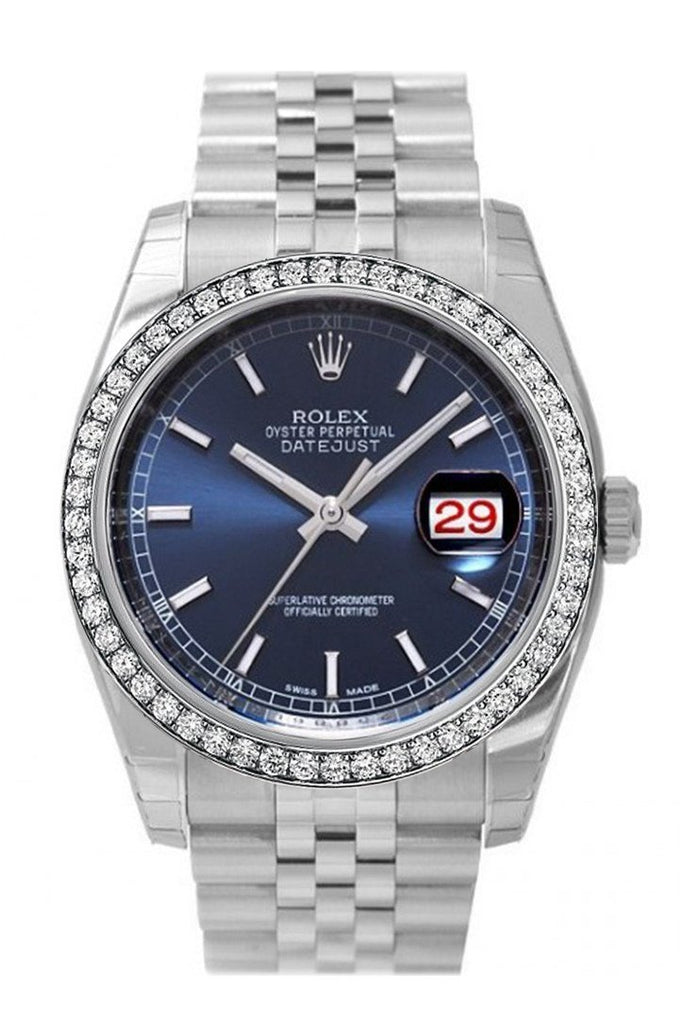 Custom Diamond Bezel Rolex Datejust 36 Blue Dial Stainless Steel Jubilee Mens Watch 116200