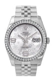 Custom Diamond Bezel Rolex Datejust 36 Silver Floral Motif 2 Arab Dial Stainless Steel Jubilee Men's Watch 116200