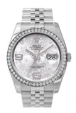 Custom Diamond Bezel Rolex Datejust 36 Silver Floral Motif 2 Arab Dial Stainless Steel Jubilee Mens