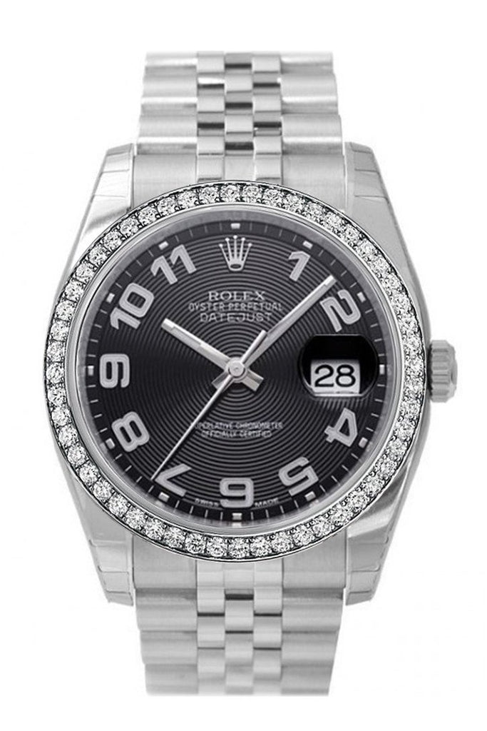 Custom Diamond Bezel Rolex Datejust 36 Black Concentric Dial Stainless Steel Jubilee Mens Watch