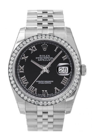 Custom Diamond Bezel Rolex Datejust 36 Black Roman Dial Stainless Steel Jubilee Bracelet Mens Watch