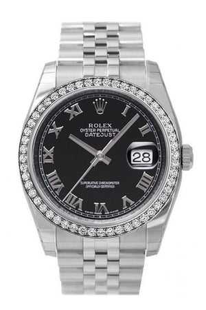 Custom Diamond Bezel Rolex Datejust 36 Black Roman Dial Stainless Steel Jubilee Bracelet Mens Watch