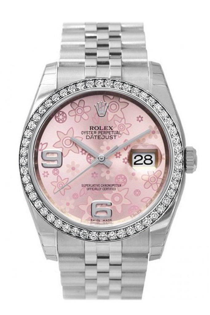 Custom Diamond Bezel Rolex Datejust 36 Pink Floral Dial Stainless Steel Jubilee Ladies Watch 116200