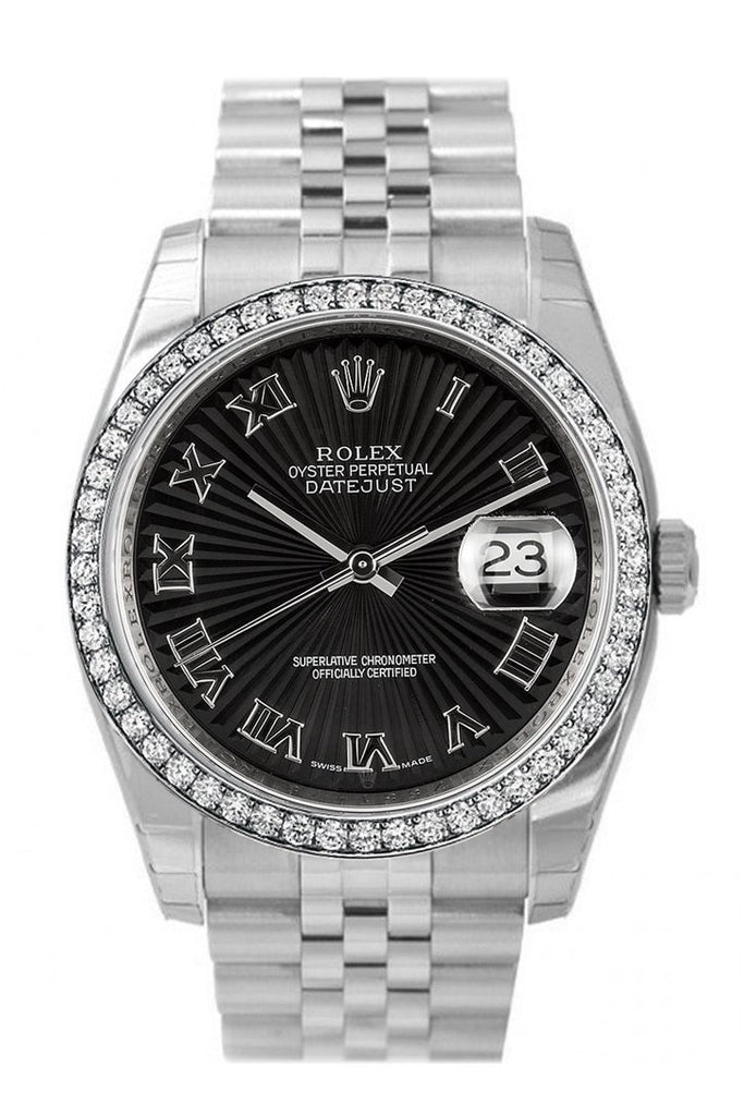 Custom Diamond Bezel Rolex Datejust 36 Black Sunbeam Dial Stainless Steel Jubilee Mens Watch 116200