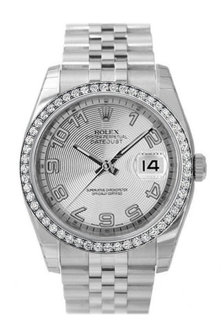 Custom Diamond Bezel Rolex Datejust 36 Silver Concentric Dial Stainless Steel Jubilee Mens Watch