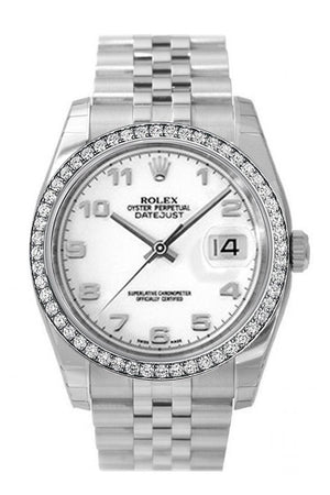 Custom Diamond Bezel Rolex Datejust 36 White Arab Dial Stainless Steel Jubilee Mens Watch 116200