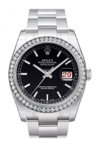 Custom Diamond Bezel Rolex Datejust 36 Black Dial Stainless Steel Oyster Watch 116200 Custom-Bezel
