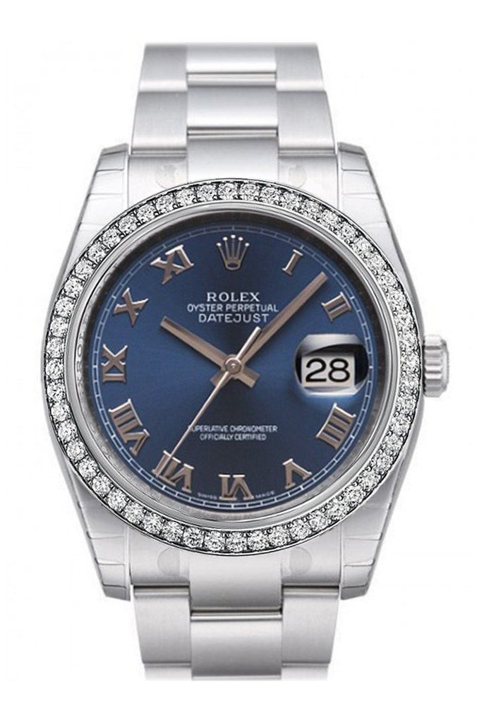 Custom Diamond Bezel Rolex Datejust 36 Blue Roman Dial Stainless Steel Oyster Watch 116200