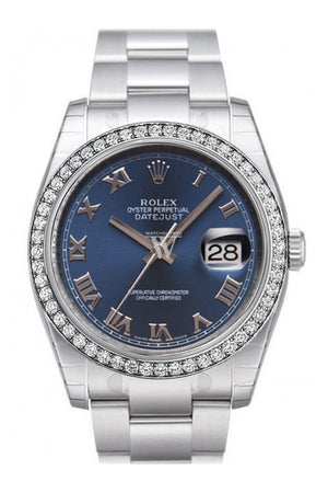 Custom Diamond Bezel Rolex Datejust 36 Blue Roman Dial Stainless Steel Oyster Watch 116200