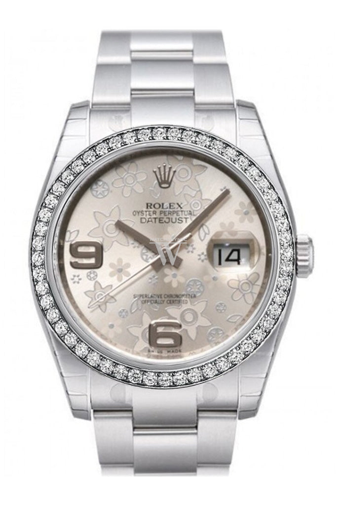 Custom Diamond Bezel Rolex Datejust 36 Silver Floral Motif 2 Arab Dial Stainless Steel Jubilee Mens