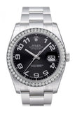 Custom Diamond Bezel Rolex Datejust 36 Black Concentric Circle Dial Stainless Steel Oyster Mens