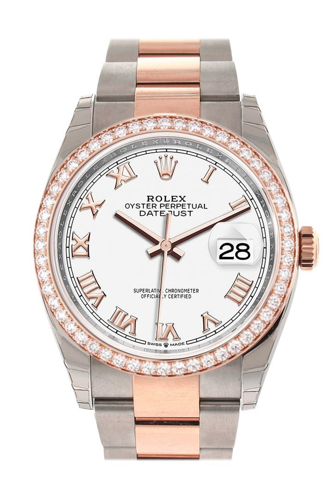 Custom Diamond Bezel Rolex Datejust 36 White Roman Dial Rose Gold Two Tone Watch 126201 Custom-Bezel
