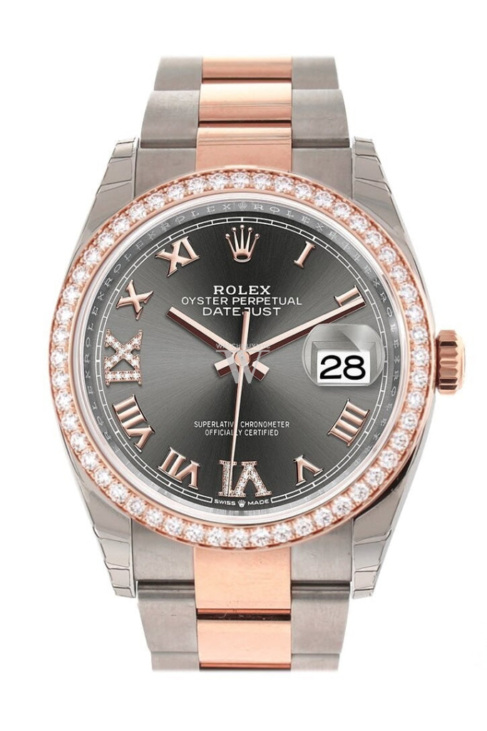 Custom Diamond Bezel Rolex Datejust 36 Dark Rhodium Set With Diamonds Dial Rose Gold Two Tone Watch