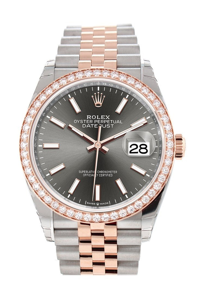 Custom Diamond Bezel Rolex Datejust 36 Dark Rhodium Dial Rose Gold Two Tone Jubilee Watch 126201