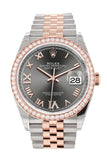 Custom Diamond Bezel Rolex Datejust 36 Dark Rhodium Set with Diamonds Dial Rose Gold Two Tone Jubilee Watch 126201