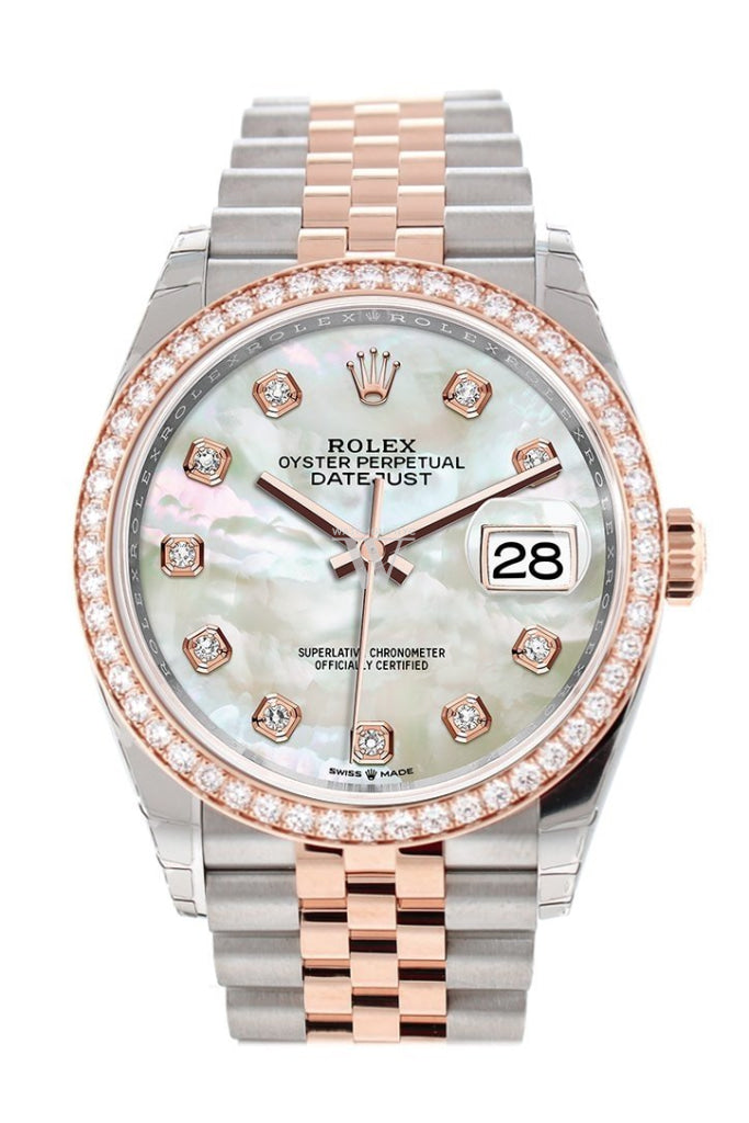 Custom Diamond Bezel Rolex Datejust 36 White Mother-Of-Pearl Set With Diamonds Dial Rose Gold Two